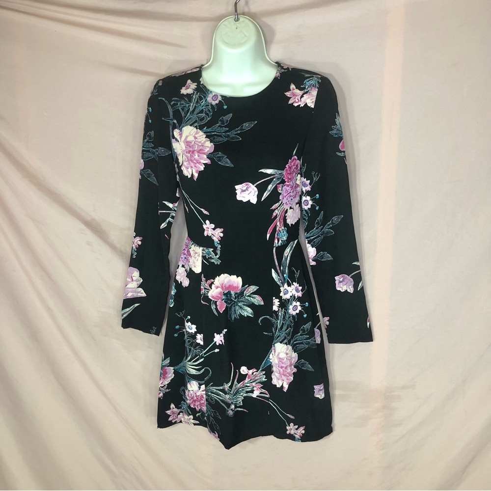 Floral Long Sleeve Black A-Line Dress with Pink Blooms Size XXS XS